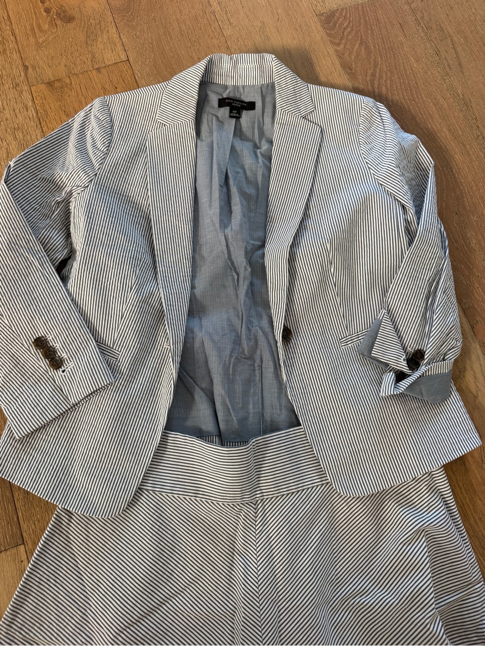 Petite Blazer and Skirt Suit Set | Baby Blue Striped